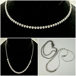 2 Necklace Lot Silver Faceted Crystals Rhinestones Party Formal Prom NL7